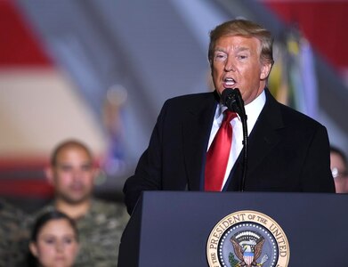 President Donald Trump speaks during an event at Joint Base Andrews, Maryland, Dec. 20, 2019. Trump visited Andrews to thank service members before signing the National Defense Authorization Act of 2020 which support the Air Force's advanced capabilities to gain and maintain air superiority and the Airmen that are essential to our nation's success.