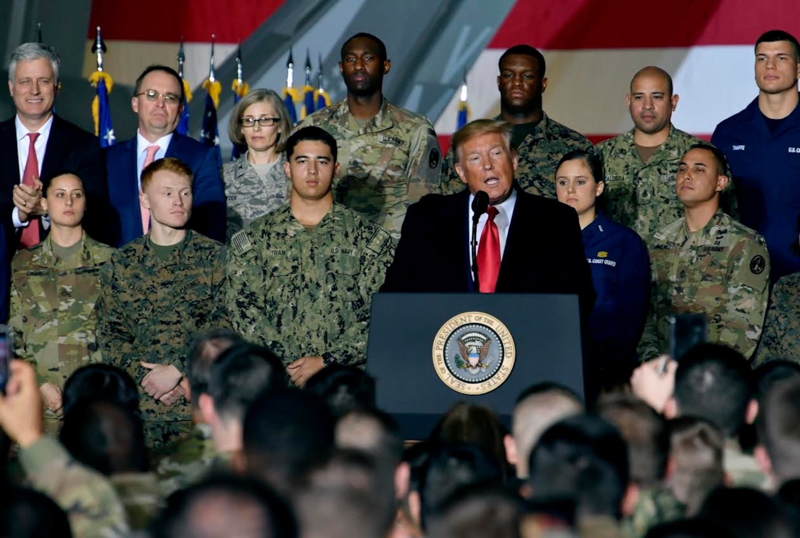 President Donald Trump speaks during an event at Joint Base Andrews, Maryland, Dec. 20, 2019. Trump visited Andrews to thank service members before signing the National Defense Authorization Act of 2020 which support the Air Force's advanced capabilities to gain and maintain air superiority and the Airmen that are essential to our nation's success.