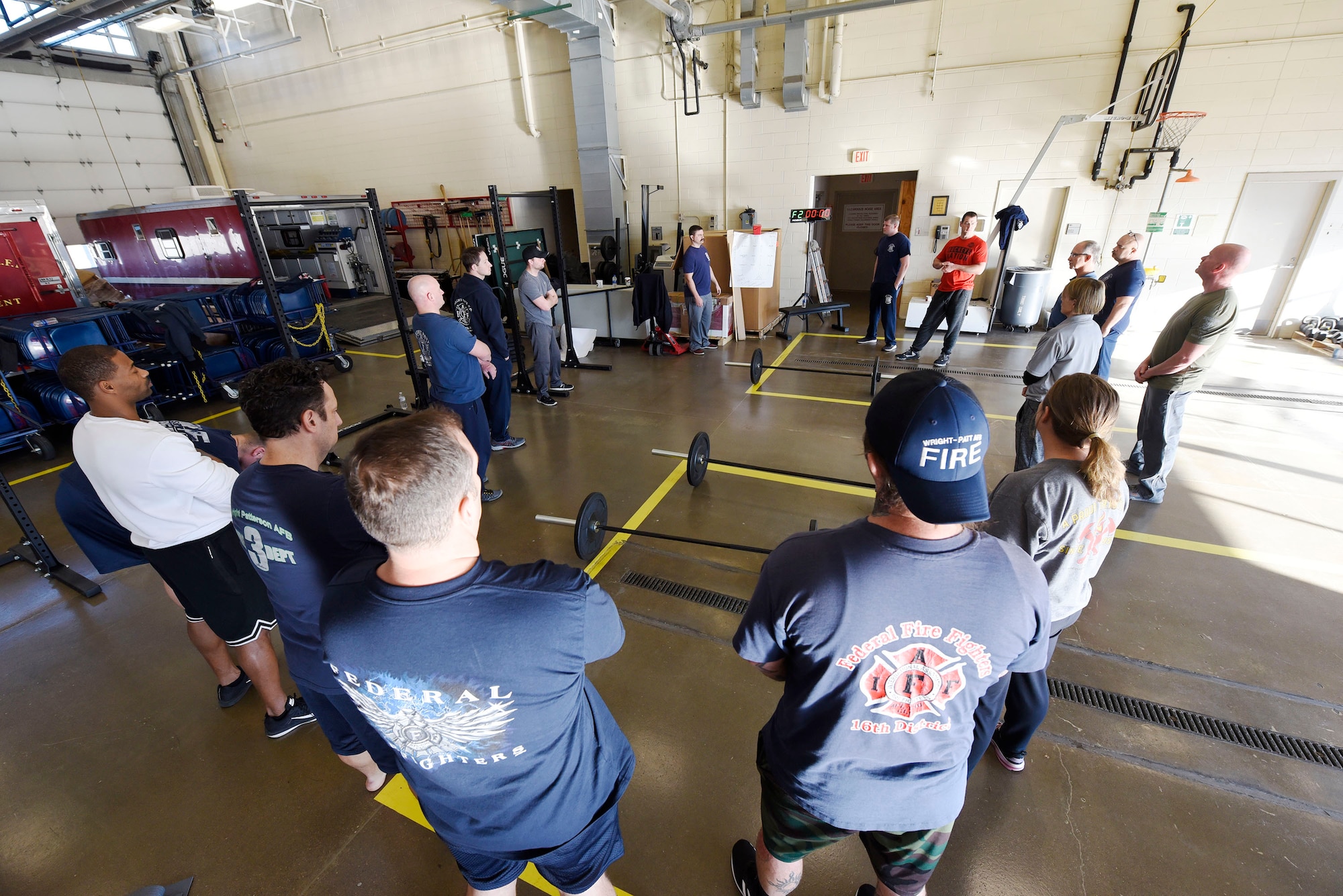 U.S. Air Force firefighters train to become peer fitness trainers at the 788th Civil Engineer Squadron Fire Station 1 at Wright-Patterson Air Force Base, Ohio on Thursday, December 19, 2019. Firefighters from the 72nd Air Base Wing Civil Engineer Squadron, Tinker AFB, Oklahoma and 66th Civil Engineer Squadron Hanscom AFB, Massachusetts, joined in the training which is aiming to double the number of certified peer trainers at fire stations. (U.S. Air Force Photo by Ty Greenlees)