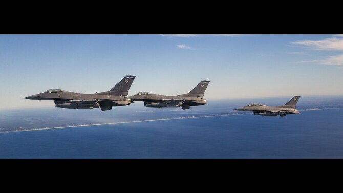 A group of F-16 Fighting Falcons from the 85th Test and Evaluation Squadron and the 40th Flight Test Squadron return to Eglin Air Force Base, Fla., after a successful test mission Dec. 19, 2019. This test successfully demonstrated shooting down a small drone at low altitudes. (U.S. Air Force photo by Tech. Sgt. John Raven)