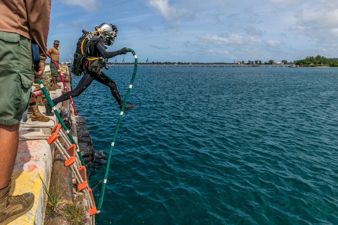A sailor in dive gear steps off a seawall-type structure above water.