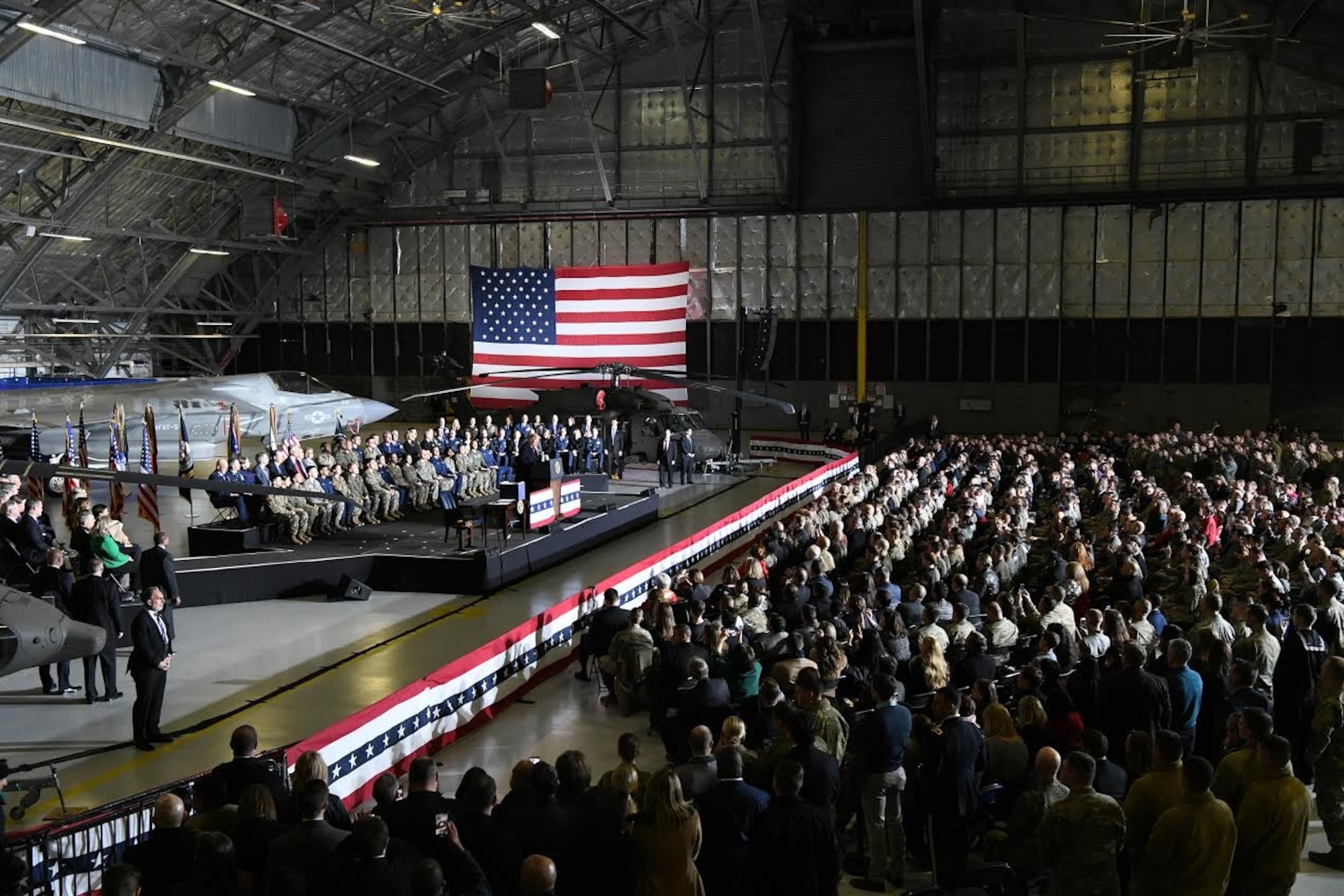 President Donald Trump speaks during an event at Joint Base Andrews, Maryland., Dec. 20, 2019. Trump visited Andrews to thank service members before signing the National Defense Authorization Act of 2020, which supports the Air Force's advanced capabilities to gain and maintain air superiority and the Airmen that are essential to the nation's success.