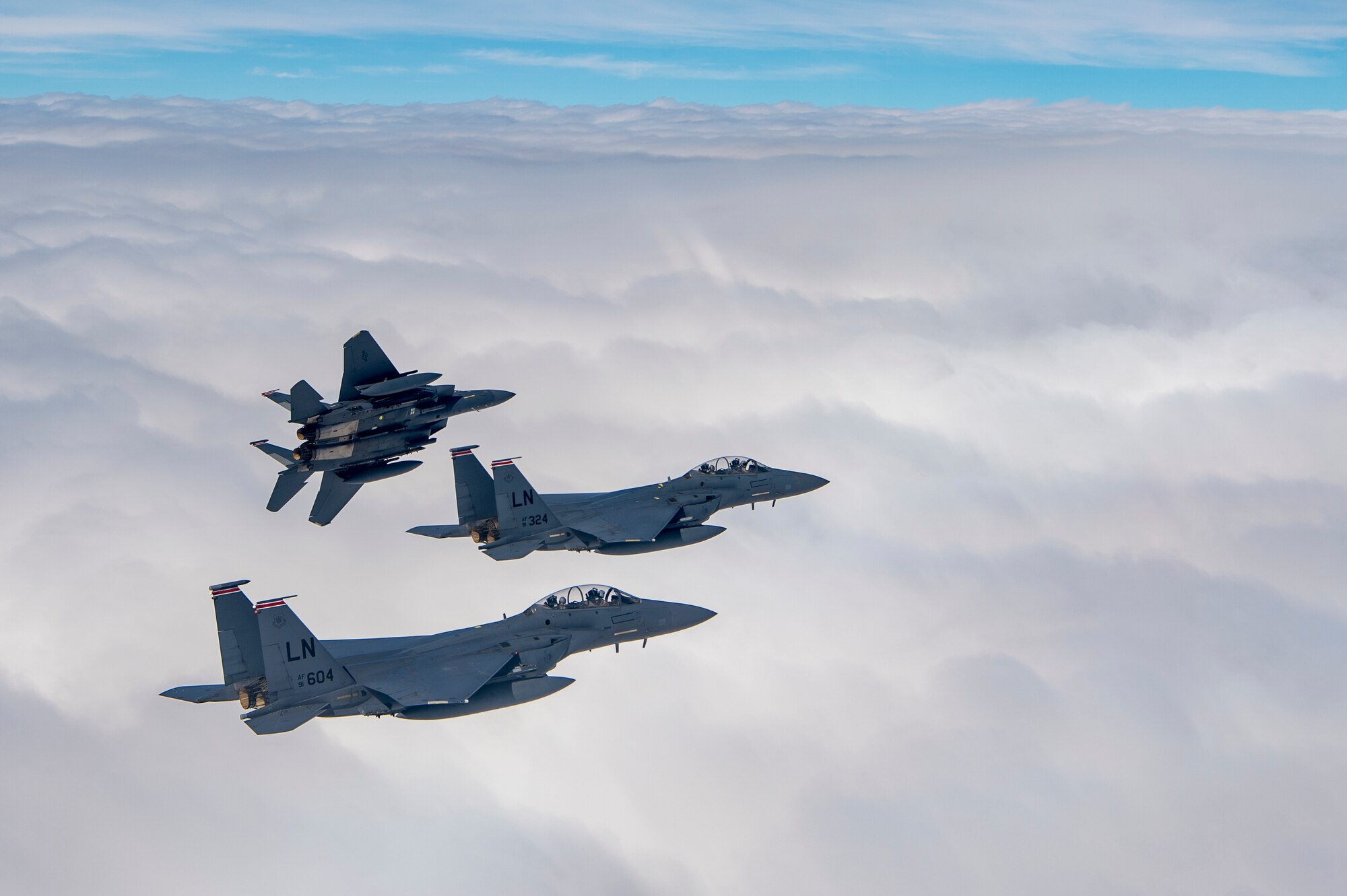 U.S. Air Force F-15E Strike Eagles assigned to the 494th Expeditionary Fighter Squadron, fly enroute to participate in a 4-ship fly over honoring Qatar National Day, Dec. 18, 2019.