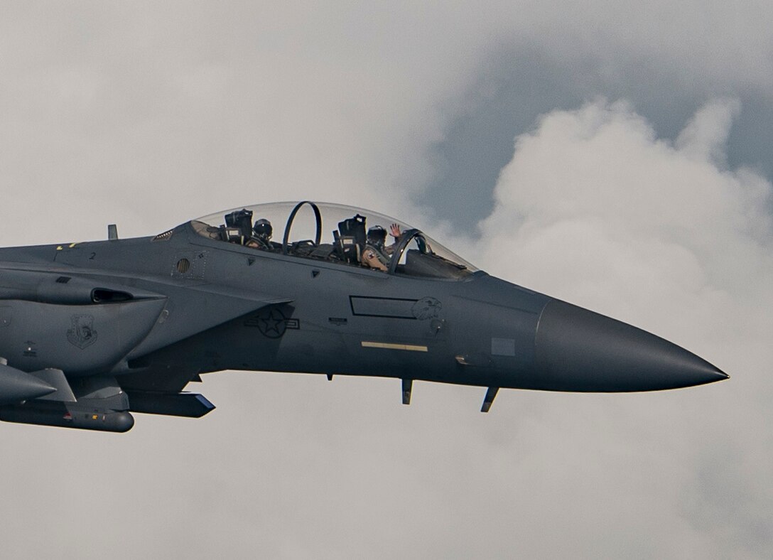 A U.S. Air Force F-15E Strike Eagle assigned to the 494th Expeditionary Fighter Squadron, flies enroute to participate in a fly over honoring Qatar National Day, Dec. 18, 2019.