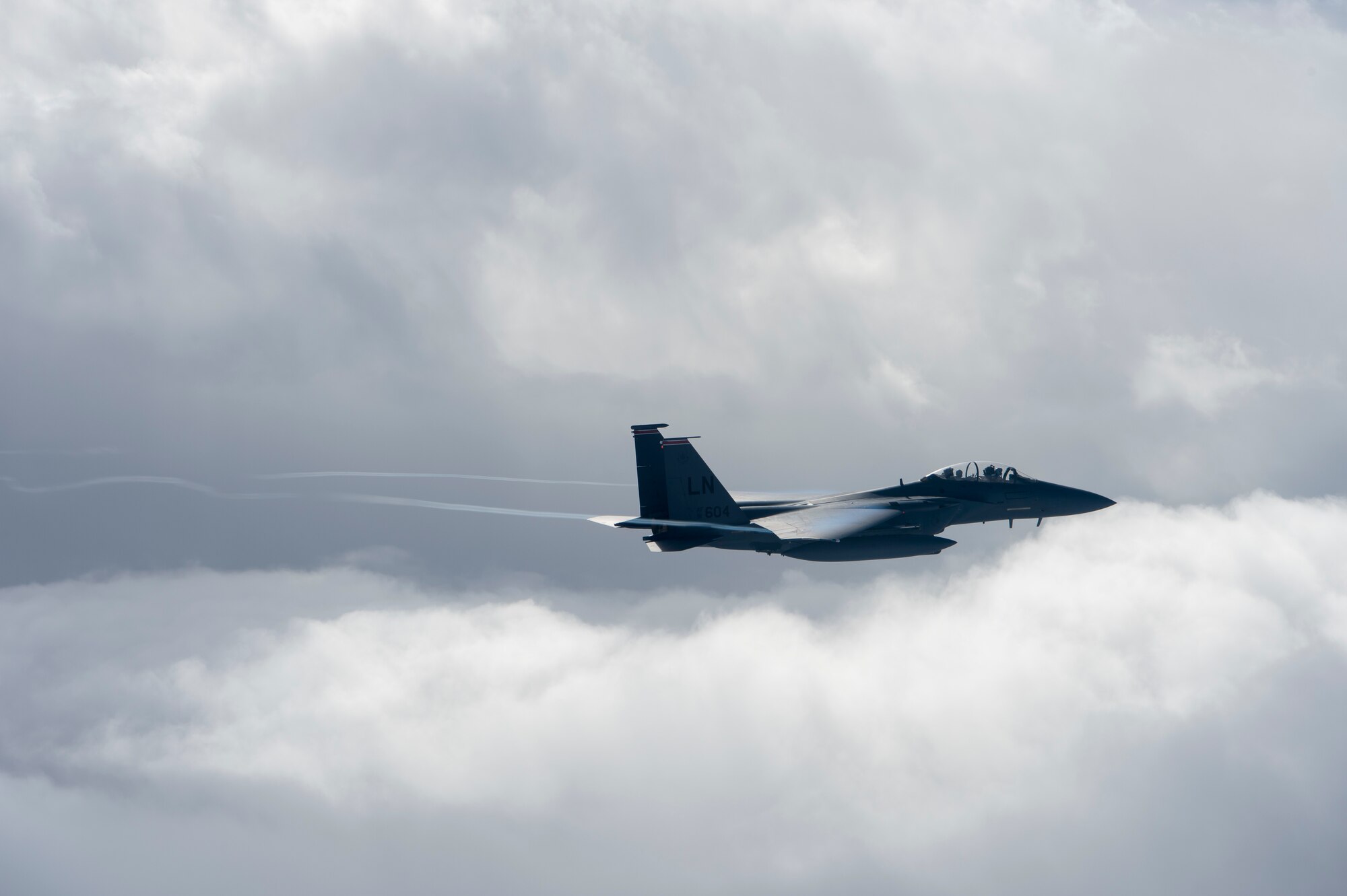 A U.S. Air Force F-15E Strike Eagle assigned to the 494th Expeditionary Fighter Squadron, flies enroute to participate in a formation fly over honoring Qatar National Day, Dec. 18, 2019.