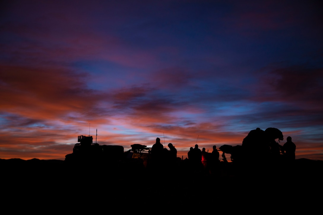 U.S. Marines with the 7th Marine Regiment commanding officer's jump prepare for the start of the day during Steel Knight 20 at Marine Corps Air-Ground Combat Center, Twentynine Palms, California on December 11.