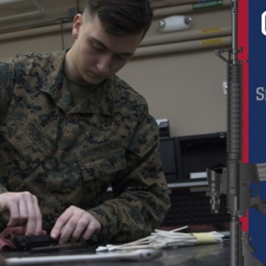 U.S. Marine Corps Lance Cpl. Mark Young, a small arms technician assigned to Headquarters and Headquarters Squadron, cleans rifle parts at Marine Corps Air Station Cherry Point, North Carolina, Dec. 2, 2019. Small arms technicians help keep the Marine Corps in fighting condition by servicing weapons. (U.S. Marine Corps photo illustration by Lance Cpl. Jacob Bertram)
