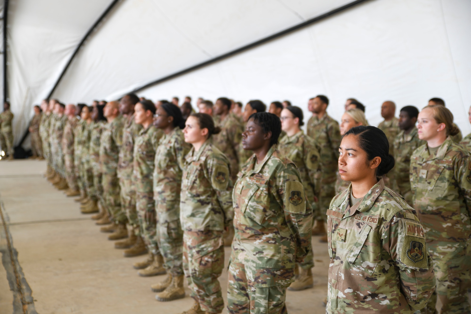 Prince Sultan Air Base, Kingdom of Saudi Arabia -- Airmen from the 378th Air Expeditionary Wing stand in formation during an activation ceremony and assumption of command here, Dec. 17, 2019.