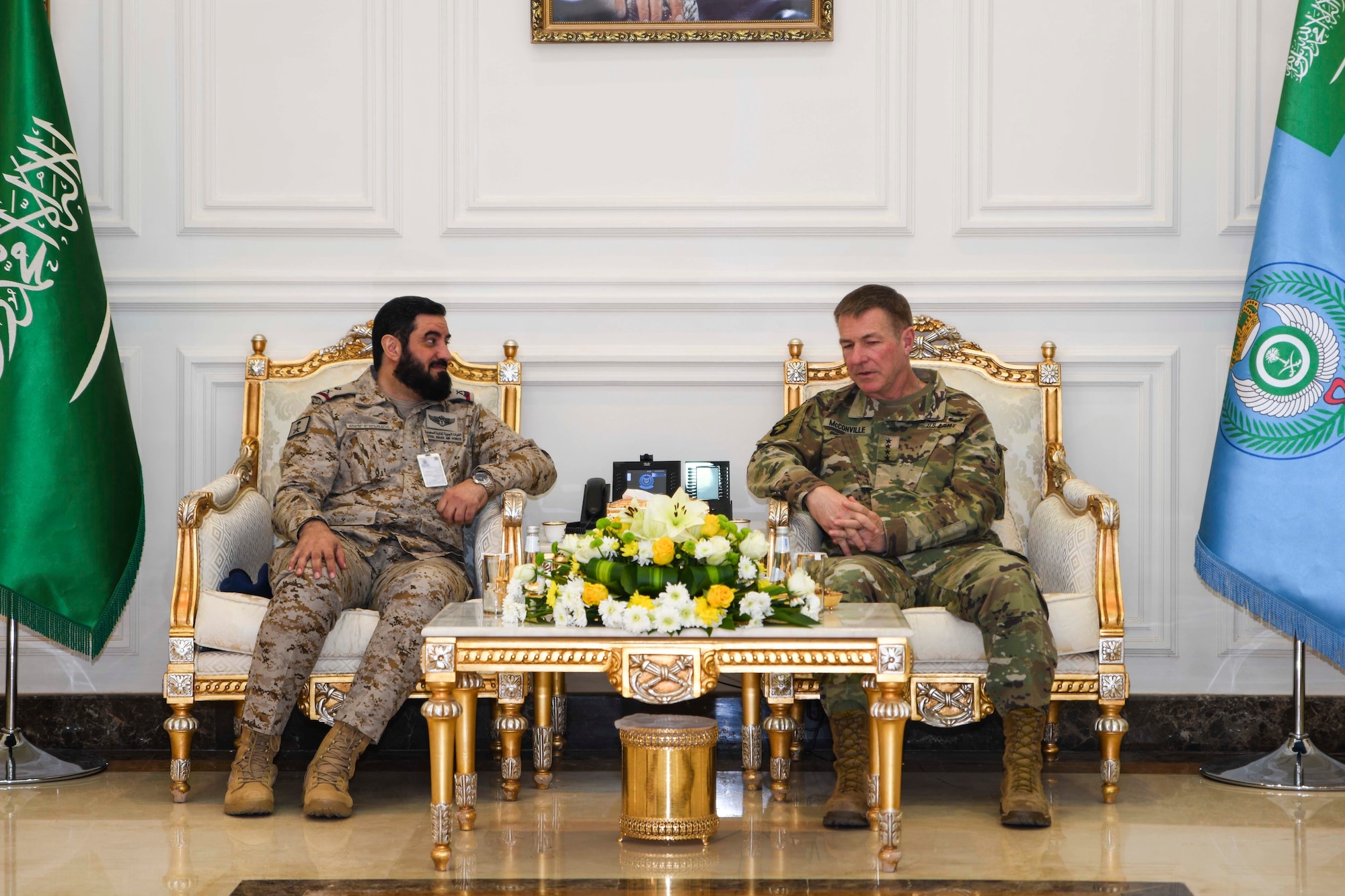U.S. Army Chief of Staff, Gen. James McConville, discusses various topics with Royal Saudi Air Force Maj. Gen. Khalid Al-Shablan, at Prince Sultan Air Base, Kingdom of Saudi Arabia, Dec. 18, 2019.