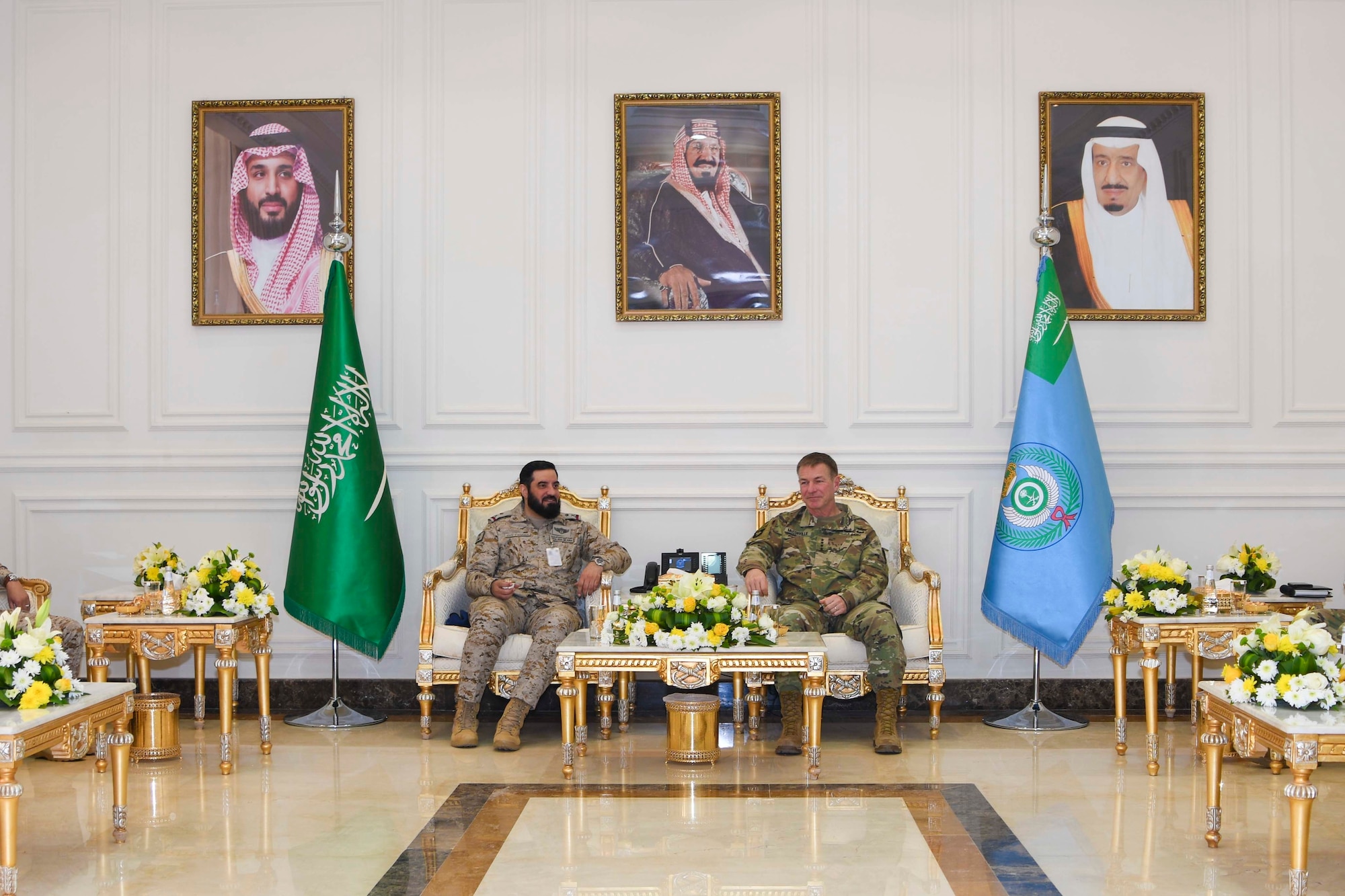 U.S. Army Chief of Staff, Gen. James McConville, discusses various topics with Royal Saudi Air Force Maj. Gen. Khalid Al-Shablan, at Prince Sultan Air Base, Kingdom of Saudi Arabia, Dec. 18, 2019.