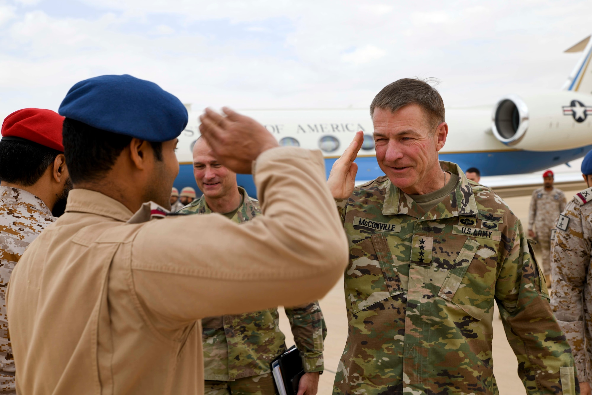 U.S. Army Chief of Staff, Gen. James McConville, greets members of the Royal Saudi Air Force at Prince Sultan Air Base, Dec. 18, 2019.