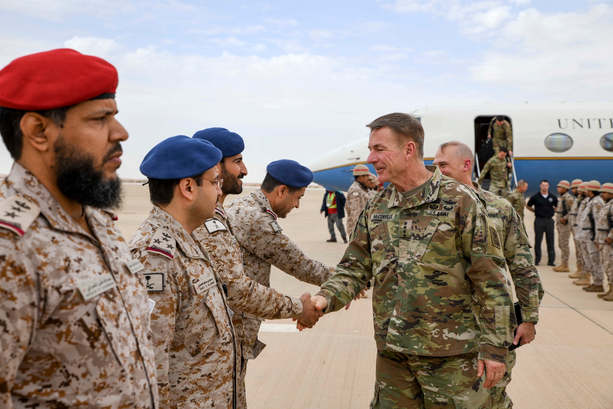 U.S. Army Chief of Staff, Gen. James McConville, greets members of the Royal Saudi Air Force at Prince Sultan Air Base, Kingdom of Saudi Arabia Dec. 18, 2019.