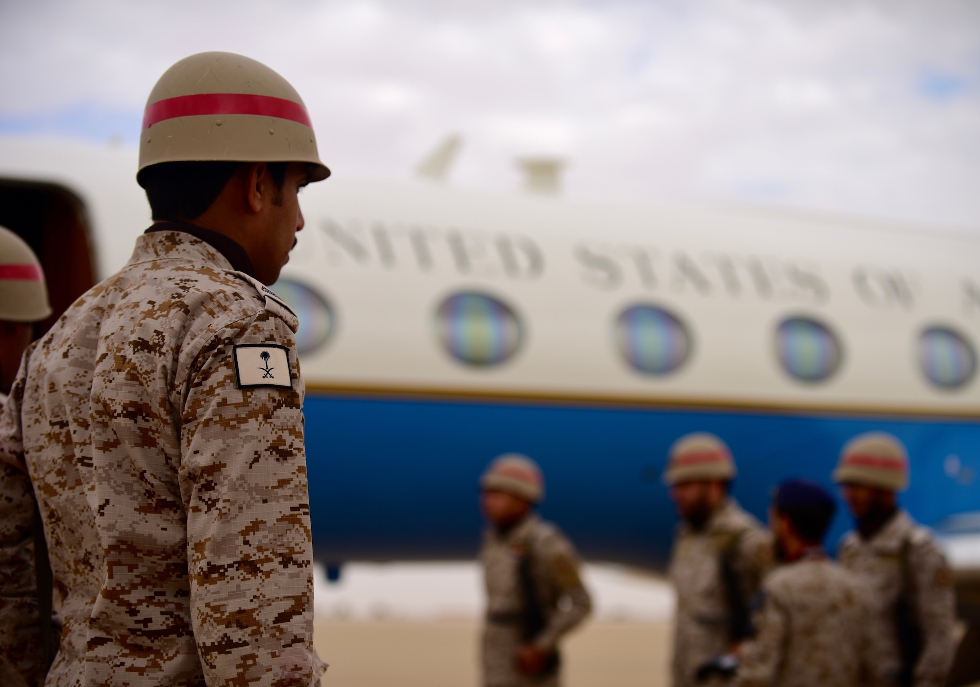 A member of the Royal Saudi Air Force Honor Guard awaits the arrival of U.S. Army Chief of Staff. Gen. James McConville, Dec. 18, 2019 at Prince Sultan Air Base, Kingdom of Saudi Arabia.