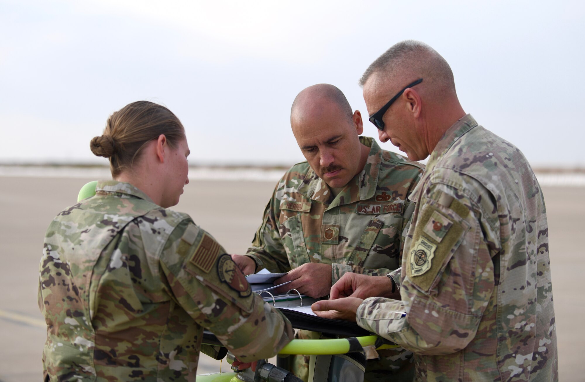 U.S. Air Force Col. Brady Wilkins, 378th  Maintenance Group commander, discusses operations with members of the 555th Expeditionary Aircraft Maintenance Unit Dec. 2, 2019, at Prince Sultan Air Base, Saudi Arabia.
