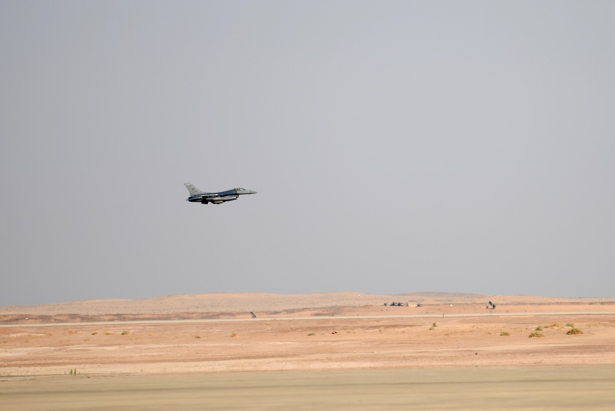 Prince Sultan Air Base, Saudi Arabia -- An F-16 Fighting Falcon, assigned to the 555 Expeditionary Fighter Squadron, prepares to land Dec. 2, 2019 at Prince Sultan Air Base, Saudi Arabia.