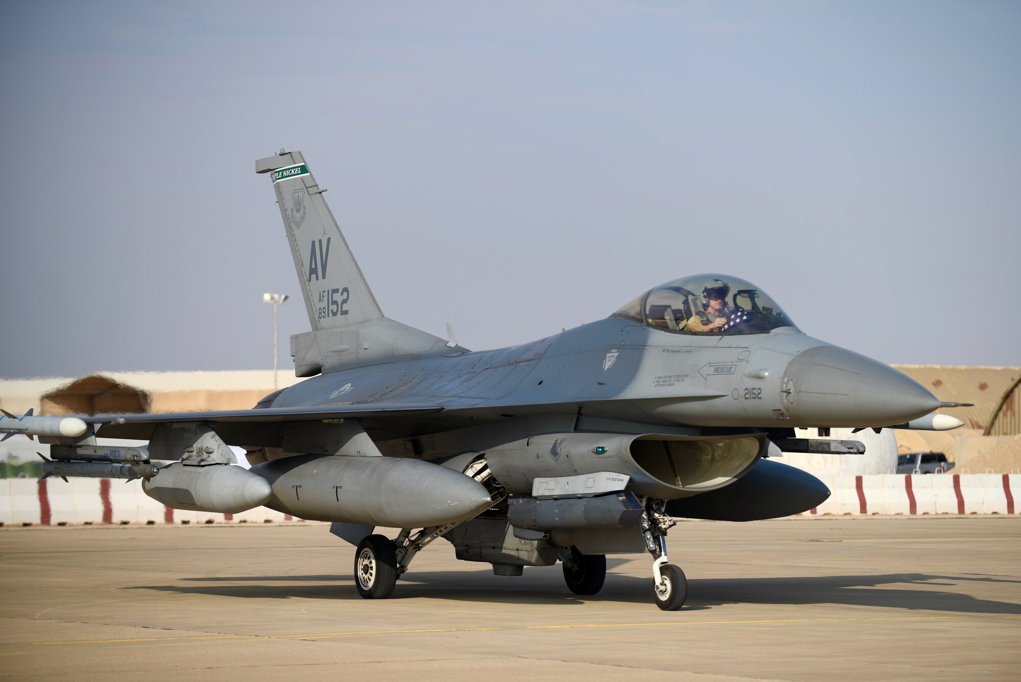 An F-16 Fighting Falcon, assigned to the 555th Expeditionary Fighter Squadron, prepares to land at Prince Sultan Air Base Dec. 2, 2019.