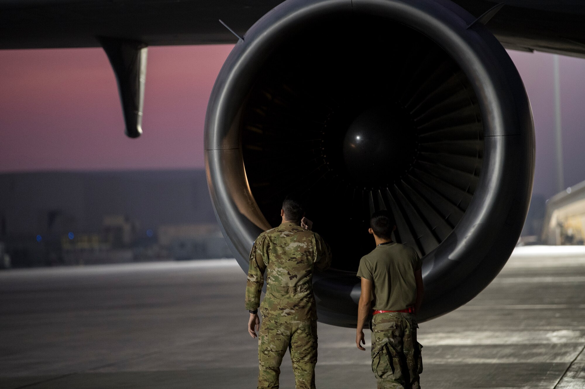 U.S. Air Force Airmen assigned to the 380th Expeditionary Wing conduct preflight inspections on a 908th Expeditionary Air Refueling Squadron (EARS) KC-10 Extender, at Al Dahfra Air Base, United Arab Emirates Dec. 17, 2019.