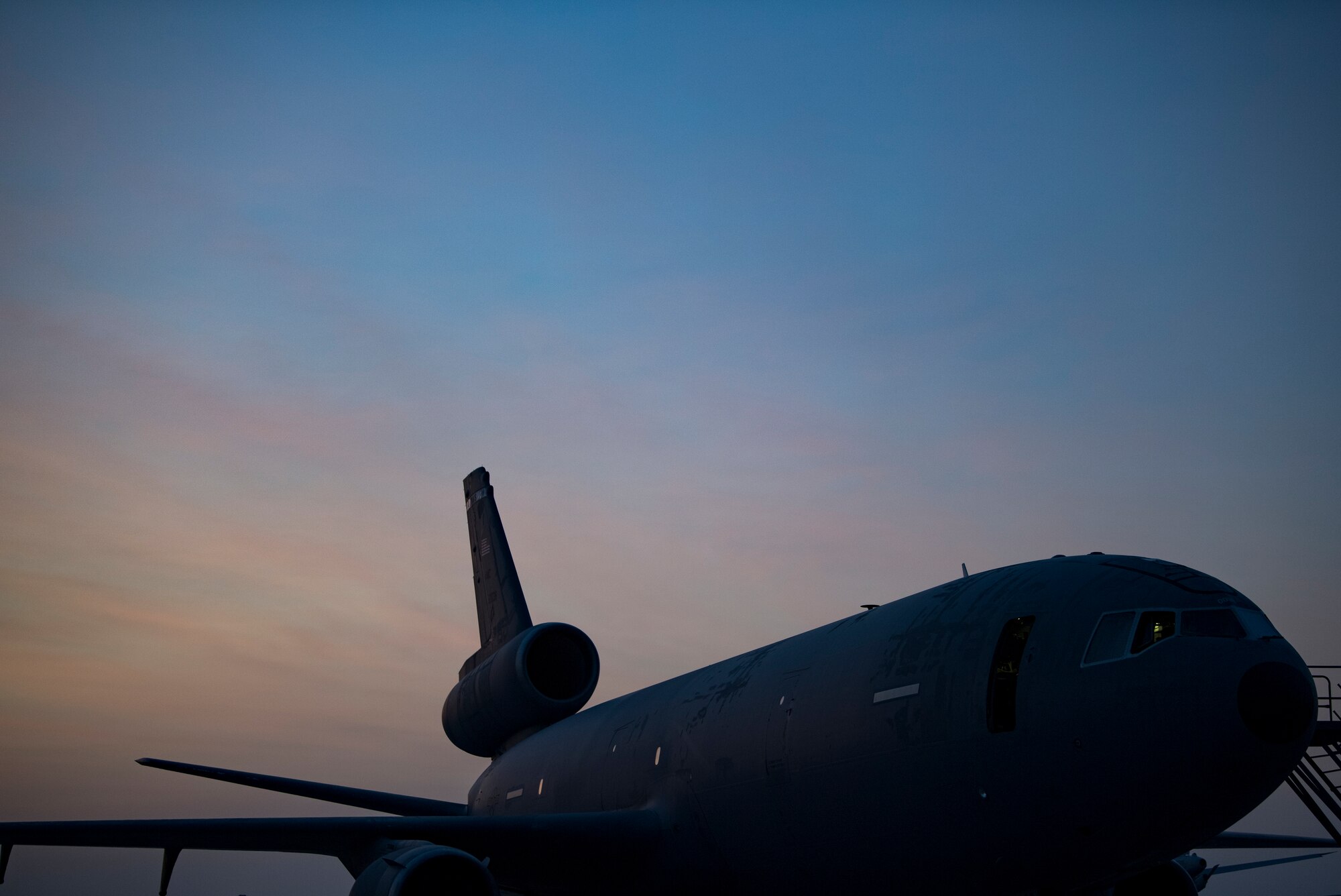 U.S. Air Force Airmen assigned to the 380th Expeditionary Wing conduct preflight inspections on a 908th Expeditionary Air Refueling Squadron (EARS) KC-10 Extender, at Al Dahfra Air Base, United Arab Emirates Dec. 17, 2019.