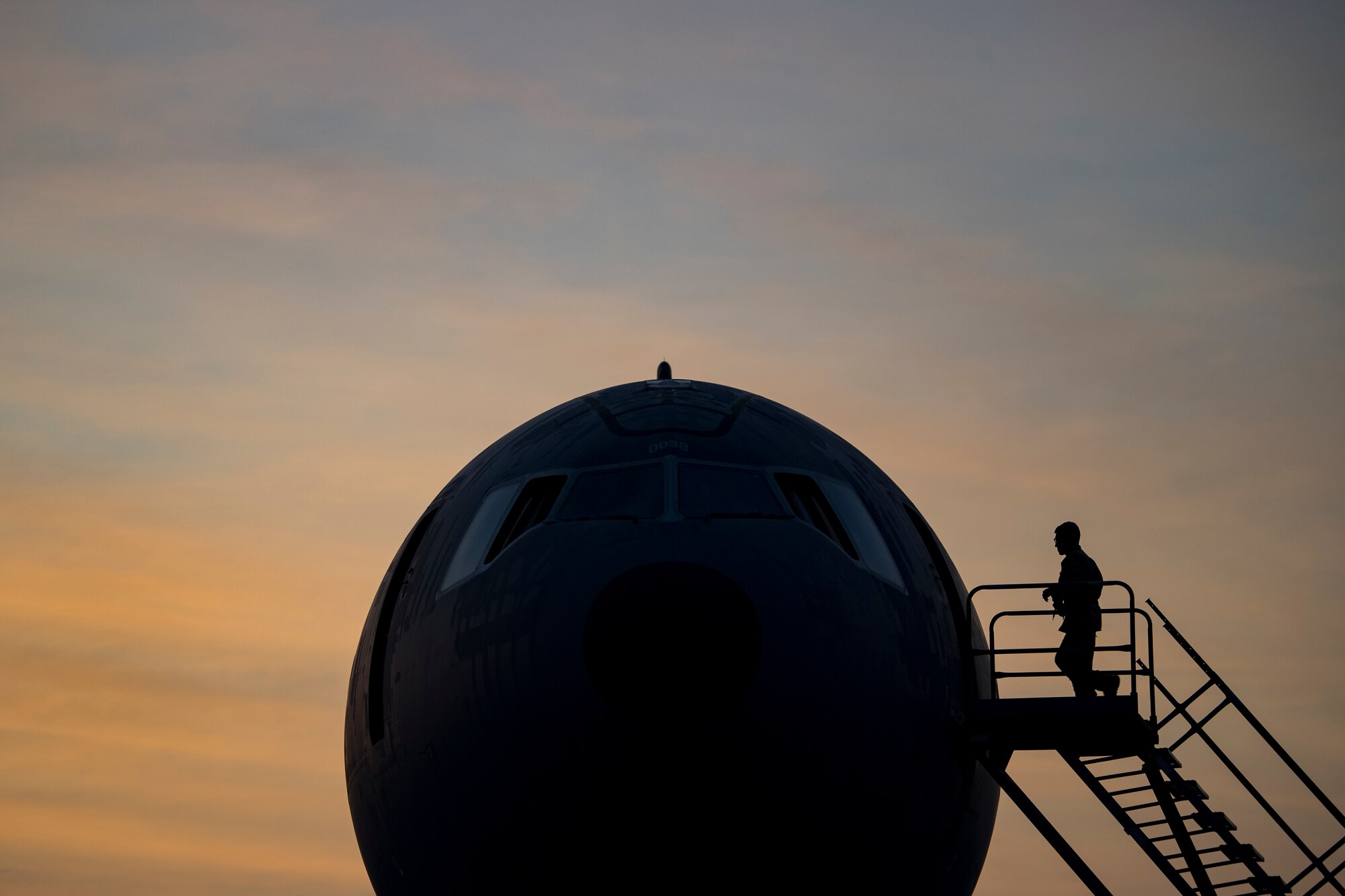 U.S. Air Force Airmen assigned to the 380th Expeditionary Wing conduct preflight inspections on a 908th Expeditionary Air Refueling Squadron (EARS) KC-10 Extender, at Al Dahfra Air Base, United Arab Emirates Dec. 17, 2019.