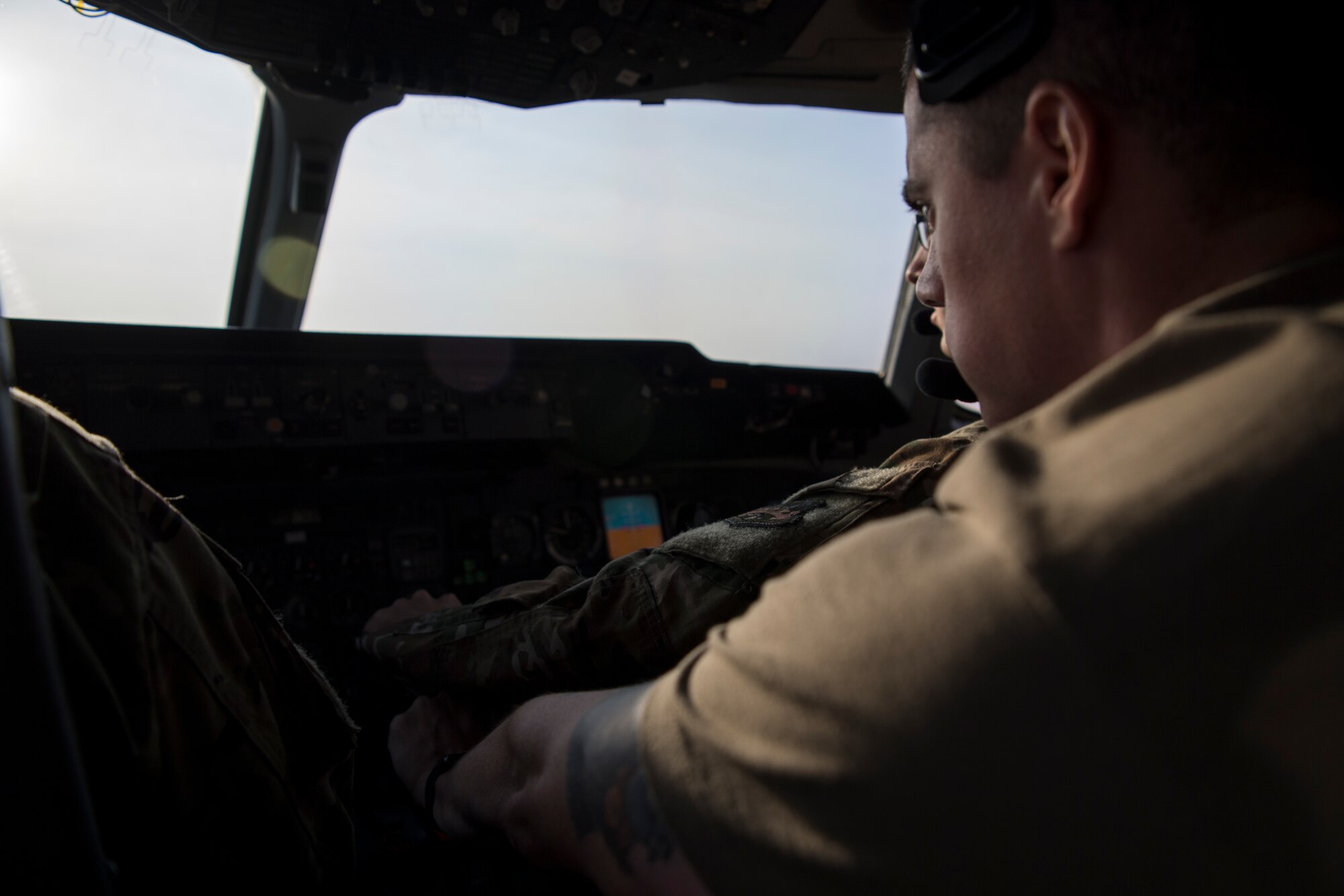 U.S. Air Force KC-10 Extender aircrew assigned to the 908th Expeditionary Air Refueling Squadron (EARS) take off, at Al Dahfra Air Base, United Arab Emirates, Dec. 17, 2019.