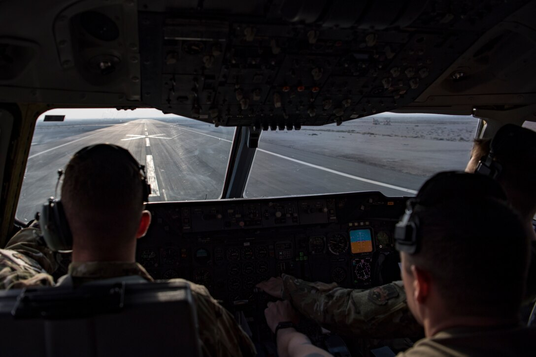 U.S. Air Force KC-10 Extender aircrew assigned to the 908th Expeditionary Air Refueling Squadron (EARS) take off, at Al Dahfra Air Base, United Arab Emirates, Dec. 17, 2019.
