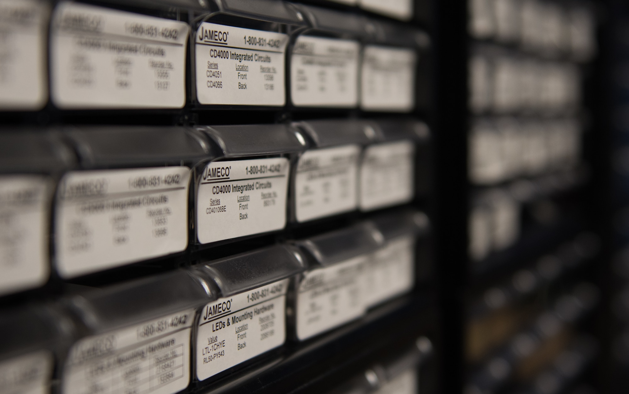 Small fixtures fill the shelves at the innovation lab at Joint Base Langley-Eustis, Virginia, Dec. 17, 2019. The lab is filled with tools and fixtures for Airmen to use to creatively solve problems and improve processes. (U.S. Air Force photo by Airman 1st Class Sarah Dowe)