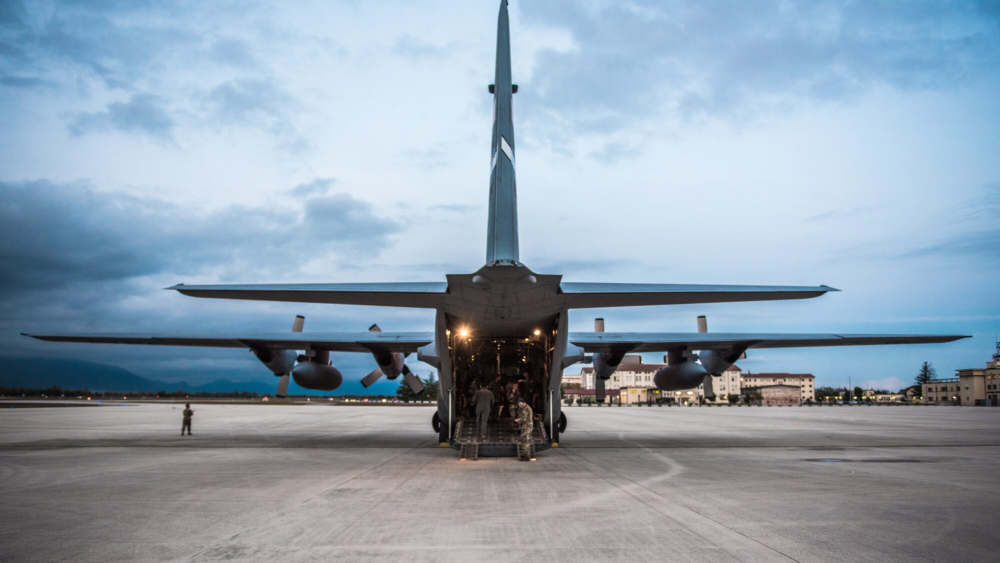 Kentucky Air Guardsmen from the 123rd Airlift Wing prepare to return from an airdrop mission with members of the Italian Army Folgore paratrooper brigade at Aviano Air Base, Italy, on Nov. 7, 2019. The mission was part of Mangusta 19, a bi-lateral exercise designed to promote readiness and interoperability among NATO allies. (U.S. Air National Guard photo by Senior Airman Chloe Ochs)