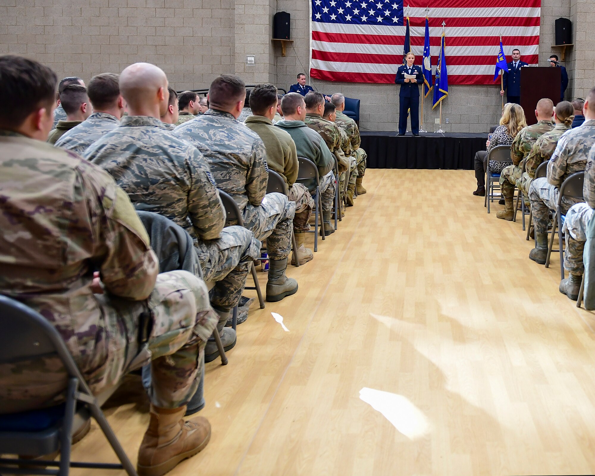 Lt. Col. Katrine Waterman, 911th Maintenance Group commander, addresses Airmen and guests during an assumption of command ceremony at the Pittsburgh International Airport Air Reserve Station, Pennsylvania, Dec. 7, 2019.
