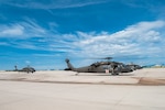 Three UH-60 Black Hawk Helicopterrs from The Colorado Army National Guard 2nd General Support Aviation Battalion 135th Aviation Regiment prepare to depart Fort Carson, Colorado, July 30, 2019. Civic Leaders from throughout the state, hosted by the Adjutant General of Colorado, U.S. Air Force Maj. Gen. Michael Loh, traveled on CONG aircraft to observe military operations and capabilites at military facilities and the Colorado Air National Guard F-16 Fighting Falcon training at the CONG's Airburst Range, near Fort Carson. (U.S. Air National Guard Photo by Maj. Darin Overstreet)