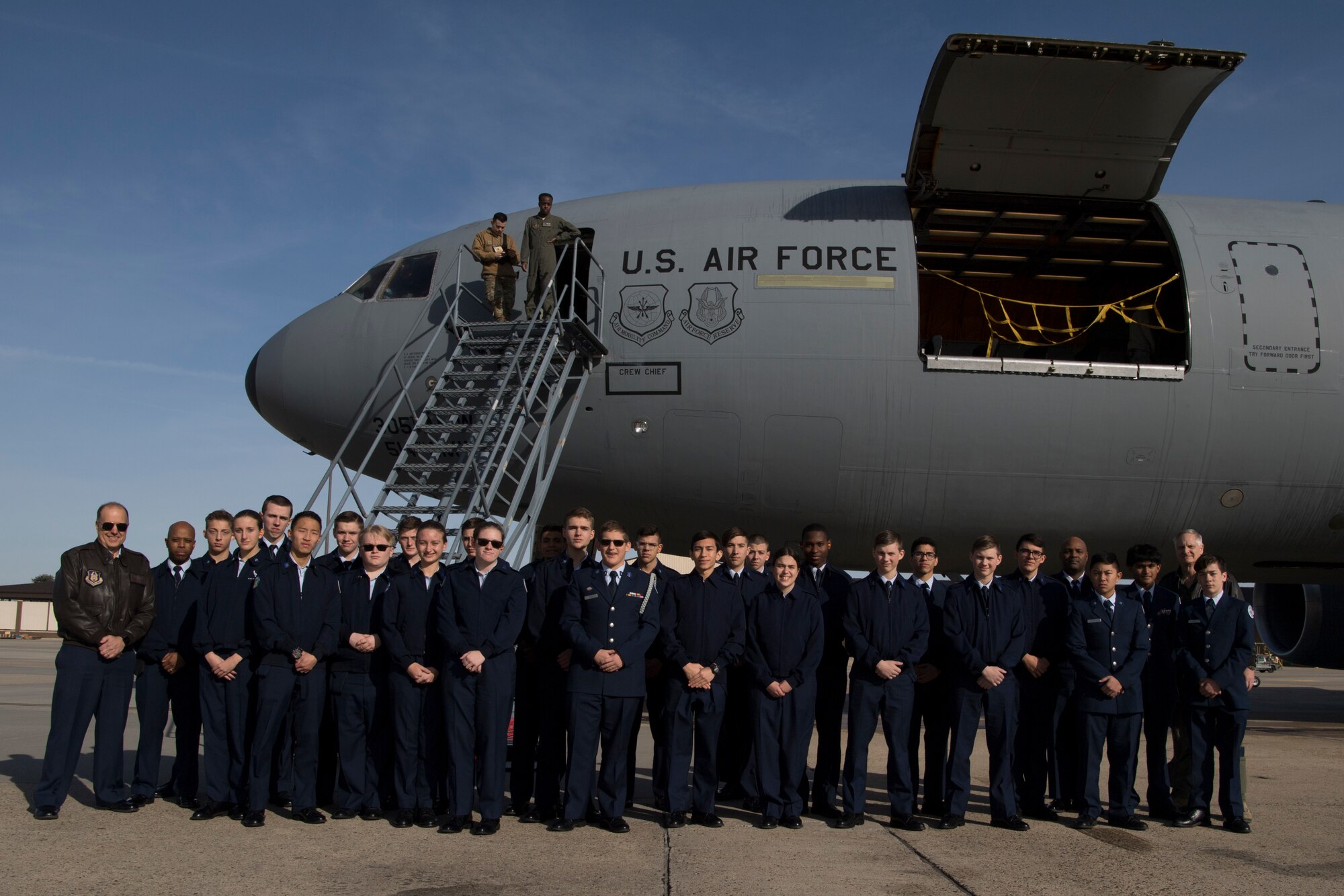Cadets from the Junior Reserve Officer Training Corps from Southern Regional H.S. and Sayreville H.S. visited Joint Base Maguire-Dix-Lakehurst, N.J., on Dec. 8, 2019, for a flight aboard a KC-10. The 514th is an Air Force Reserve Command Unit located at Joint Base McGuire-Dix-Lakehurst, N.J. (U.S. Air Force photo by Staff Sgt. Sean Evans)