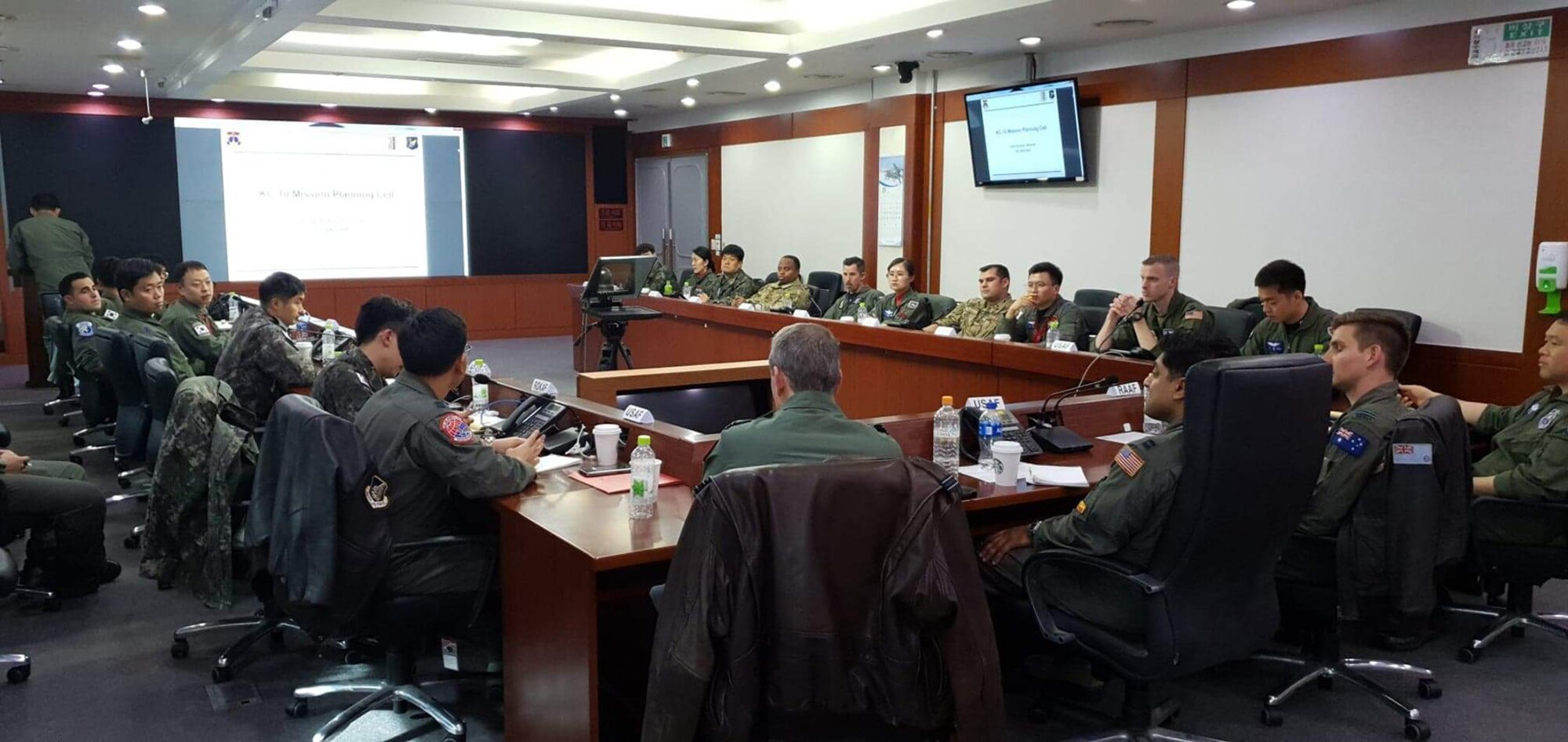 U.S. Airmen from Travis Air Force Base, California, participate in a symposium Nov. 18, 2019, at Osan Air Base, South Korea. The symposium was hosted by the 607th Air Operations Center and Republic of Korea Air Force Operations Command at Osan AB, South Korea. (Courtesy photo)