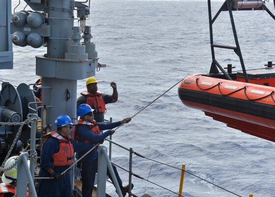 ilitary Sealift Command civilian mariners man the lines of a rigid-hull inflatable boat while participating in a man overboard drill aboard the submarine tender USS Frank Cable (AS 40) during sea trials, Dec. 17, 2019.