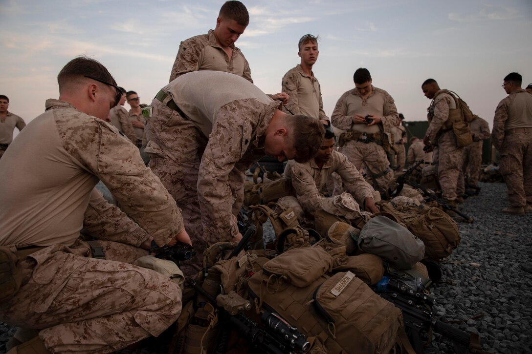 U.S. Marines assigned to Special Purpose Marine Air-Ground Task Force-Crisis Response-Central Command (SPMAFTF-CR-CC) 19.2, deploy to Iraq to bolster security at the U.S. Embassy and ensure the safety of American citizens, Dec. 31, 2019. The SPMAGTF-CR-CC is designed to move with speed and precision to support operations throughout the Middle East. (U.S. Marine Corps photo by Sgt. Robert G. Gavaldon)