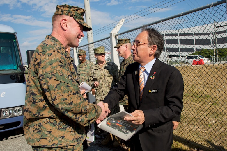 U.S. Marine Corps and Army officials in Okinawa hosted Prefectural Governor Denny Tamaki for his first official visits to U.S. military installations since being elected governor.