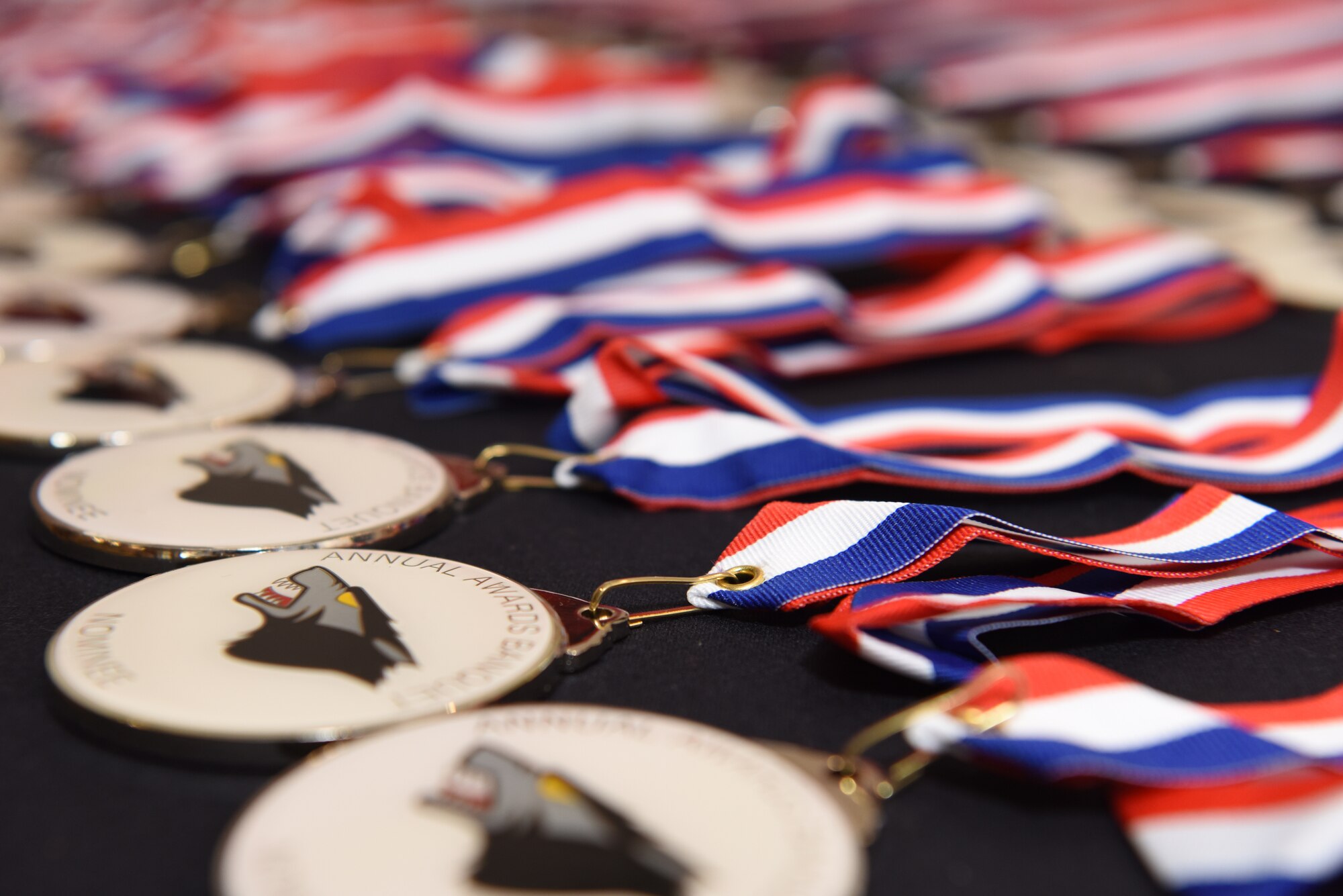 Medallions rest on a table before the 8th Fighter Wing annual awards ceremony at Kunsan Air Base, Republic of Korea, Feb. 1, 2019. Everyone who was nominated at the wing level received a medallion prior to award ceremony. (U.S. Air Force photo by Staff Sgt. Joshua Edwards)