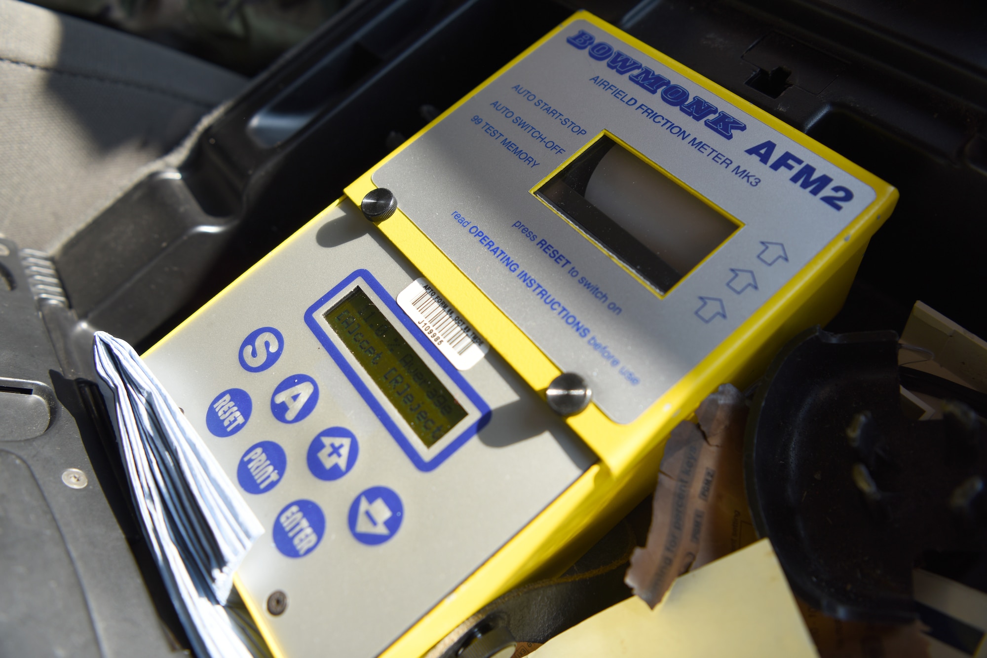 An airfield friction meter, which measures runway surface conditions during inclement weather, sits attached to a 100th Operations Support Squadron Airfield Management vehicle at RAF Mildenhall, England, Jan. 31, 2019. This tool is one of the various pieces of equipment airfield management personnel use to provide a safe flightline for aircrews on a daily basis. (U.S. Air Force photo by Airman 1st Class Brandon Esau)
