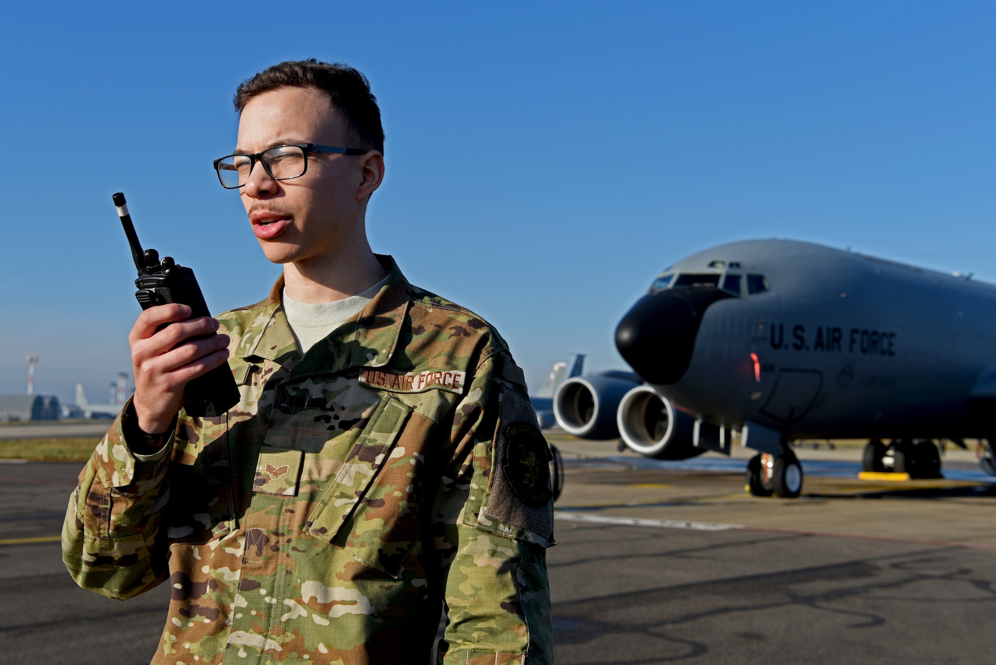 U.S. Air Force Senior Airman Deandre Timpson, 100th Operations Support Squadron Airfield Management shift lead, conducts an airfield inspection at RAF Mildenhall, England, Jan. 31, 2019. Airfield management personnel perform daily inspections, oversee the airfield driving course, check for foreign objects and wildlife in the area. (U.S. Air Force photo by Airman 1st Class Brandon Esau)
