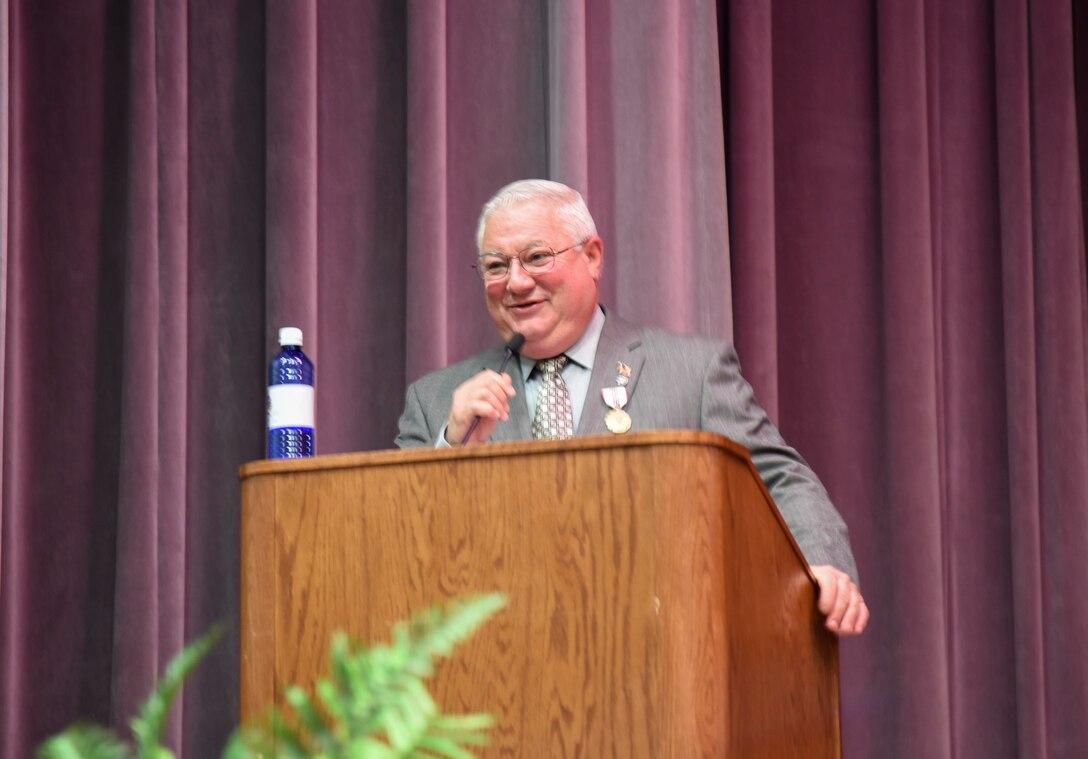 Richard “Sonic” Johnson, former 14th Flying Training Wing Public Affairs chief, addresses those in attendance during his retirement ceremony at the Kaye Auditorium Jan. 25, 2019, on Columbus Air Force Base, Mississippi. Johnson served as the 14th FTW Public Affairs chief since 2004. (U.S. Air Force photo by Melissa Doublin)