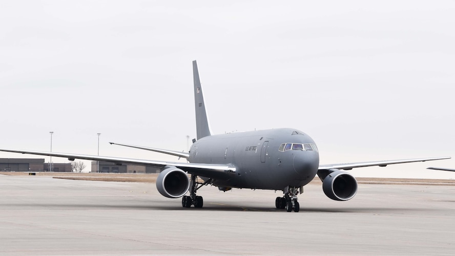 A KC-46A Pegasus taxis down the flightline, Jan. 31, 2019, McConnell Air Force Base, Kan.  Team McConnell received two more KC-46s, and is scheduled  to receive 18 more over the next year. (U.S. Air Force photo by Tech. Sgt. Abigail Klein)