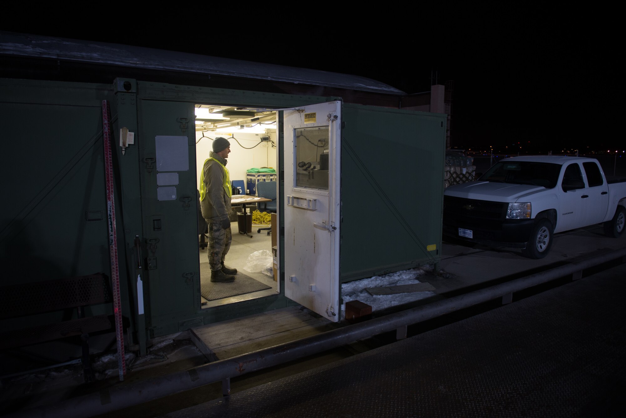 A member of Team Offutt coordinates the weighing of cargo Jan. 29, 2019, on Offutt Air Force Base, Nebraska. More than 600 members of the base took part in Phase I of Operational Readiness Exercise Winter Havoc. (U.S. Air Force photo by Tech. Sgt. Rachelle Blake)