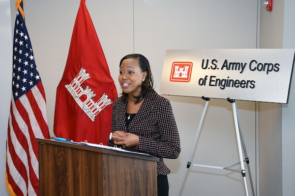 Kari Steele, president of the board of commissioners for the Metropolitan Water Reclamation District of Greater Chicago, gives her remarks during a signing ceremony Jan. 3. The MWRD received $33.8 million in federal funds under authority of Section 1043 of the Water Resources Reform and Development Act of 2014, which allows federal funds to transfer through the U.S. Army Corps of Engineers to local sponsors for authorized projects. (U.S. Army photo by Patrick Bray/Released)