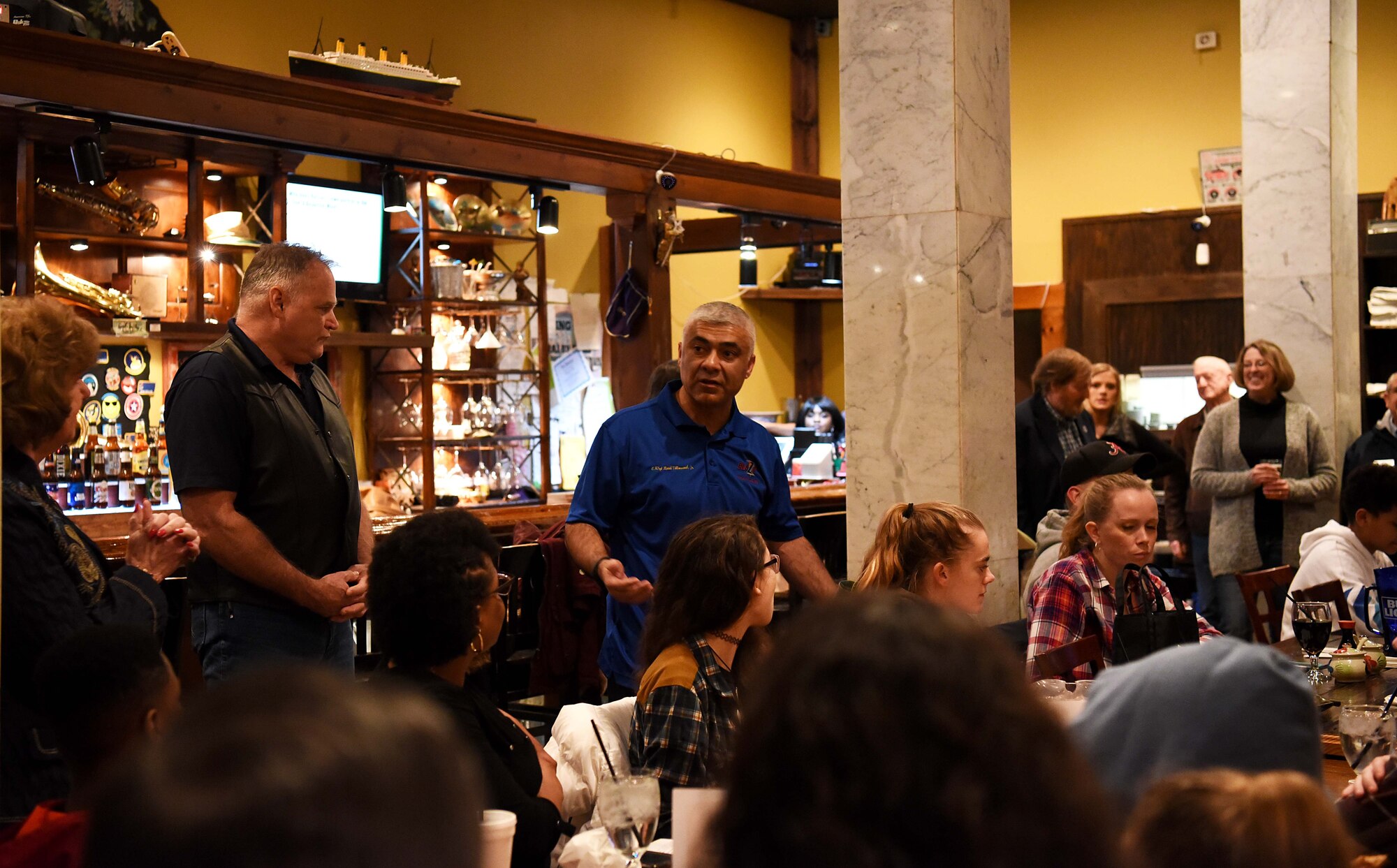 Chief Master Sgt. Raul Villarreal, Jr., 14th Flying Training Wing command chief, welcomes attendees to the first Enlisted Partnership, Jan. 24, 2019, at Thai by Thai, in Columbus, Mississippi. Community civic leaders and 14th FTW leadership thanked everyone who helped make the partnership a reality and hope to continue to make it a better experience for all. (U.S. Air Force photo by Tech. Sgt. Christopher Gross)
