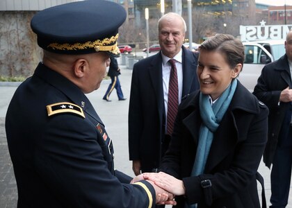 Serbian Prime Minister Ana Brnabić says goodbye to Maj. Gen. John C. Harris Jr., Ohio adjutant general, while Serbian Ambassador to the U.S. Djerdj Matković looks on, Jan. 28, 2019 in Columbus, Ohio. Brnabić and Matković met with Ohio military, political, academic and business leaders to promote mutual relations and to discuss areas of economic cooperation.