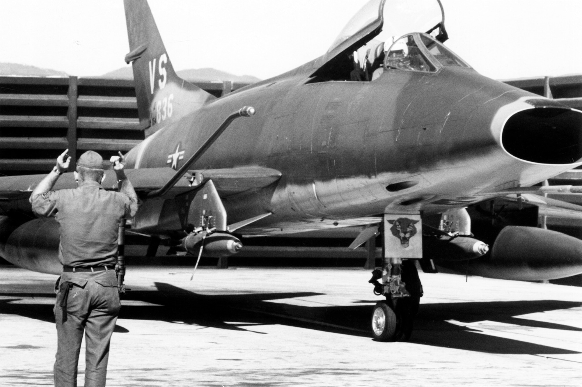 A Colorado ANG 120th Tactical Fighter Squadron F-100C rolls out on a mission. (U.S. Air Force photo)