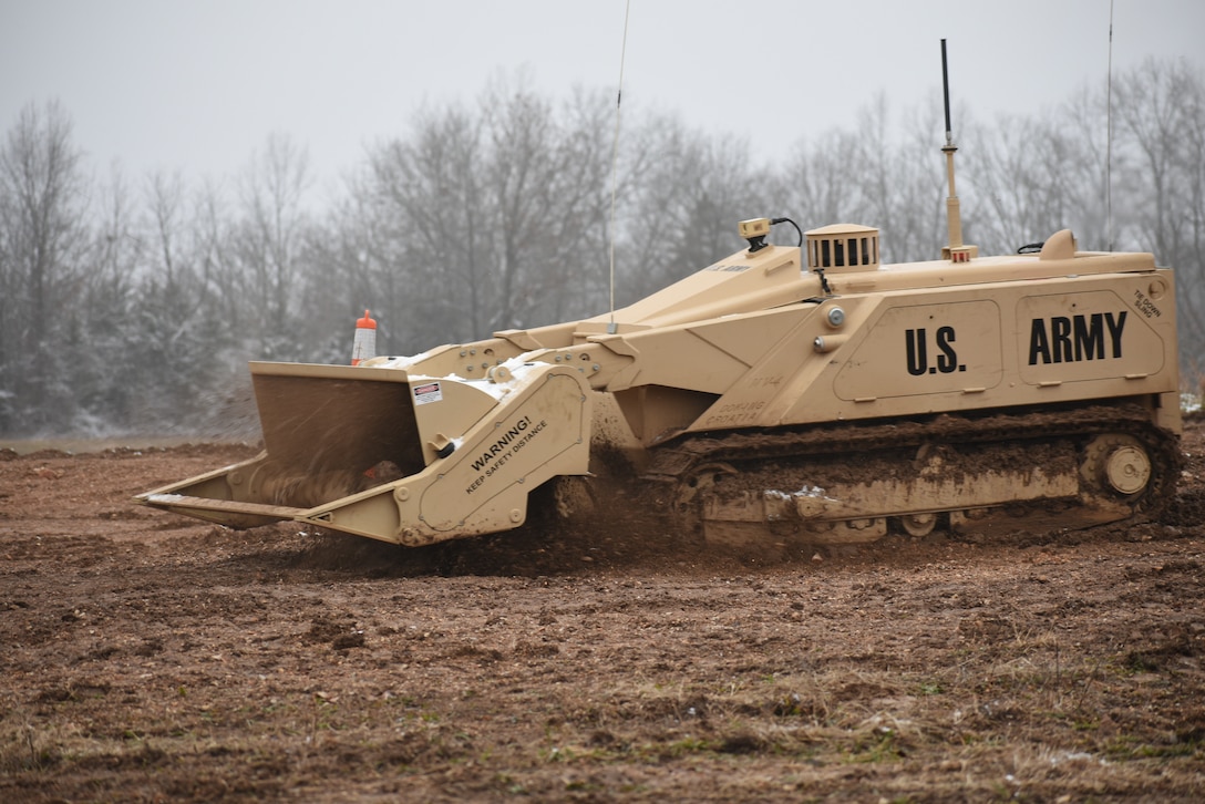 Members of the 469th Engineer Platoon out of Bentonville Arkansas run the M160 Robotic Mine Flail at Fort Leonard Wood, Missouri on January 15th, 2019 (U.S. Army photo by Maj. Dan Marchik/416th Theater Engineer Command).