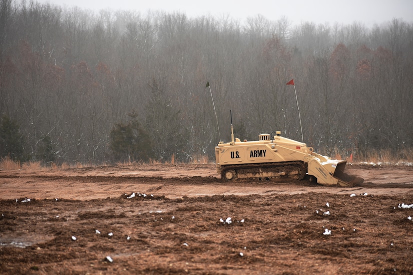 Members of the 469th Engineer Platoon out of Bentonville Arkansas run the M160 Robotic Mine Flail at Fort Leonard Wood, Missouri on January 15th, 2019 (U.S. Army photo by Maj. Dan Marchik/416th Theater Engineer Command).