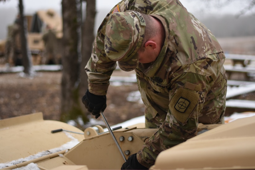 Members of the 469th Engineer Platoon out of Bentonville Arkansas run the M160 Robotic Mine Flail at Fort Leonard Wood, Missouri on January 15th, 2019 (U.S. Army photo by Maj. Dan Marchik/416th Theater Engineer Command).