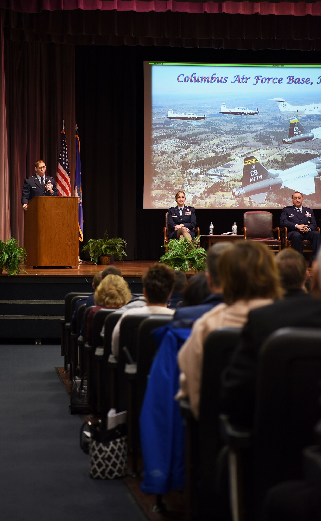 Lt. Col. Kevin Walsh, U.S. Air Force Air Demonstration Squadron commander/leader, speaks at Specialized Undergraduate Pilot Training Class’ 19-04/05 graduation Jan. 25, 2019 on Columbus Air Force Base, Mississippi. Walsh spoke about the importance of every mission connecting, every family connecting, and every Airmen connecting to those around them, because the Air Force is stronger together. (U.S. Air Force photo by Airman 1st Class Keith Holcomb)