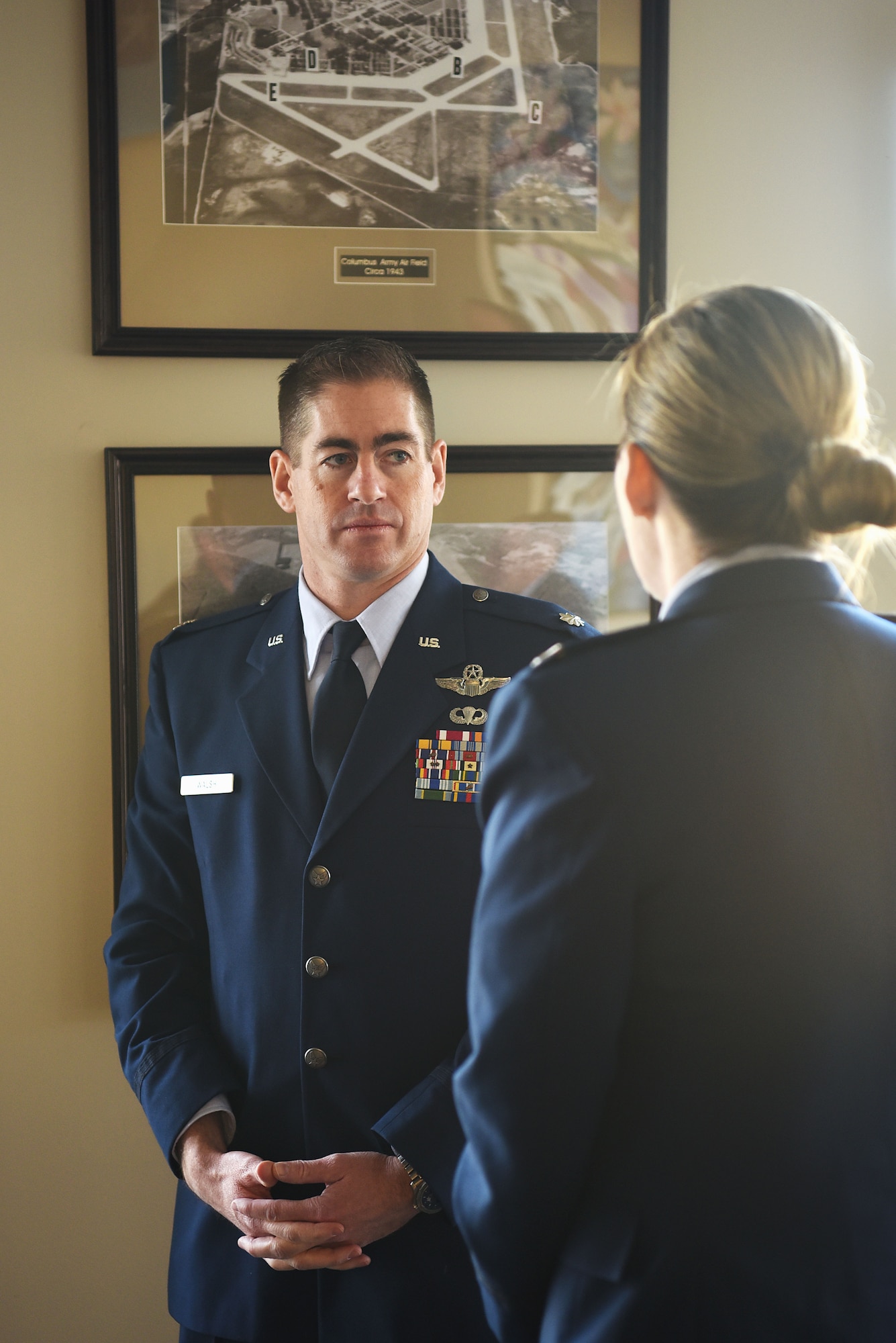 Lt. Col. Kevin Walsh, , speaks to Col. Samantha Weeks, 14th Flying Training Wing commander, before Specialized Undergraduate Pilot Training Class’ 19-04/05 graduation Jan. 25, 2019 on Columbus Air Force Base, Mississippi. Walsh and Weeks have both flown for the Thunderbirds. (U.S. Air Force photo by Airman 1st Class Keith Holcomb)