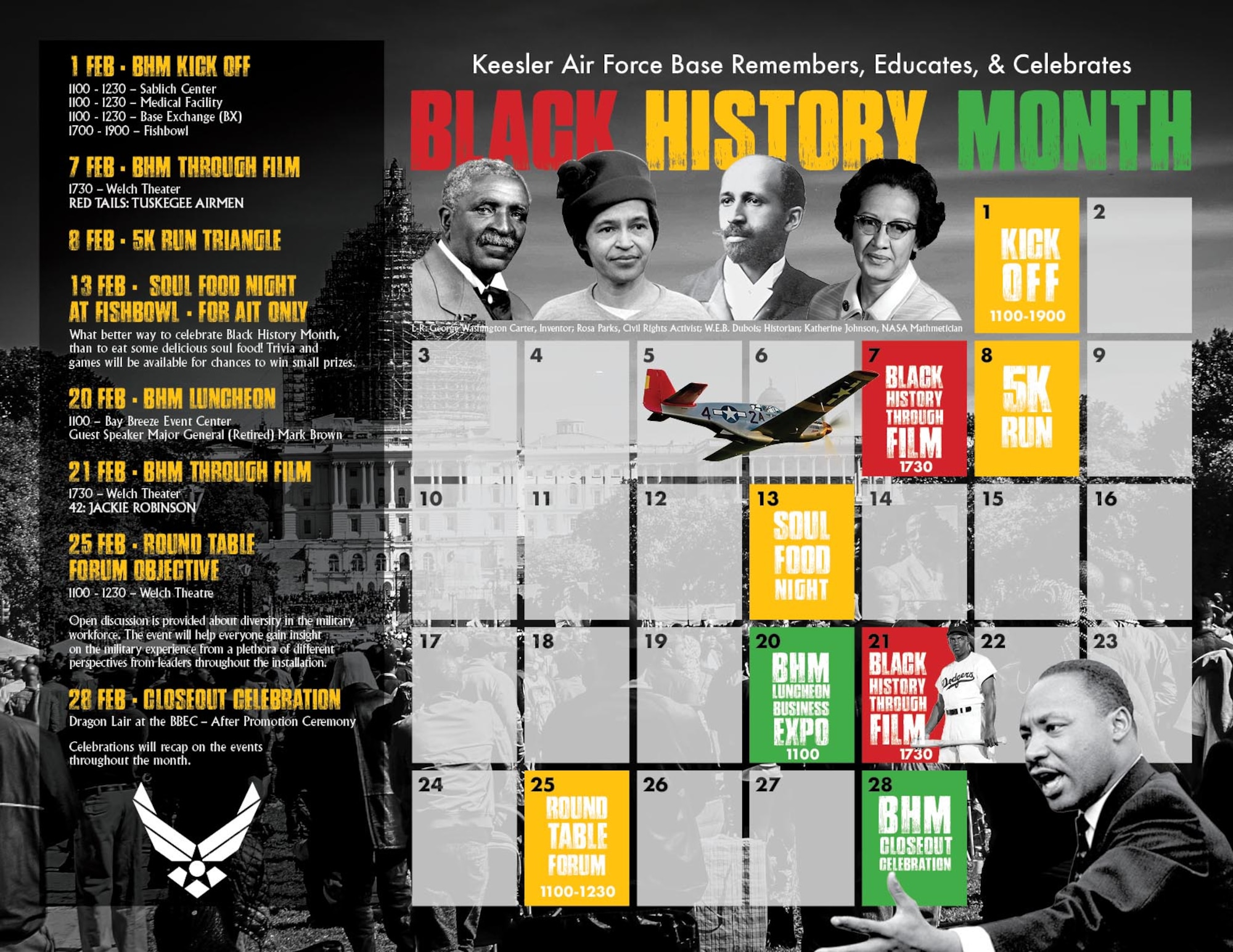 A Black History Month event flyer is displayed at Keesler Air Force Base, Mississippi, Feb. 1, 2019. The Keesler African-American Heritage Committee will host several events to include a 5K run, luncheon, movies and a round table forum. The events are meant to help Keesler personnel to remember, educate and celebrate black history.